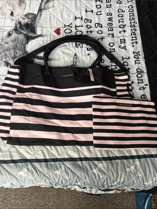 Victoria's Secret Handbags - Victoria's Secret Black and Pink Striped Tote with Matching Pouch